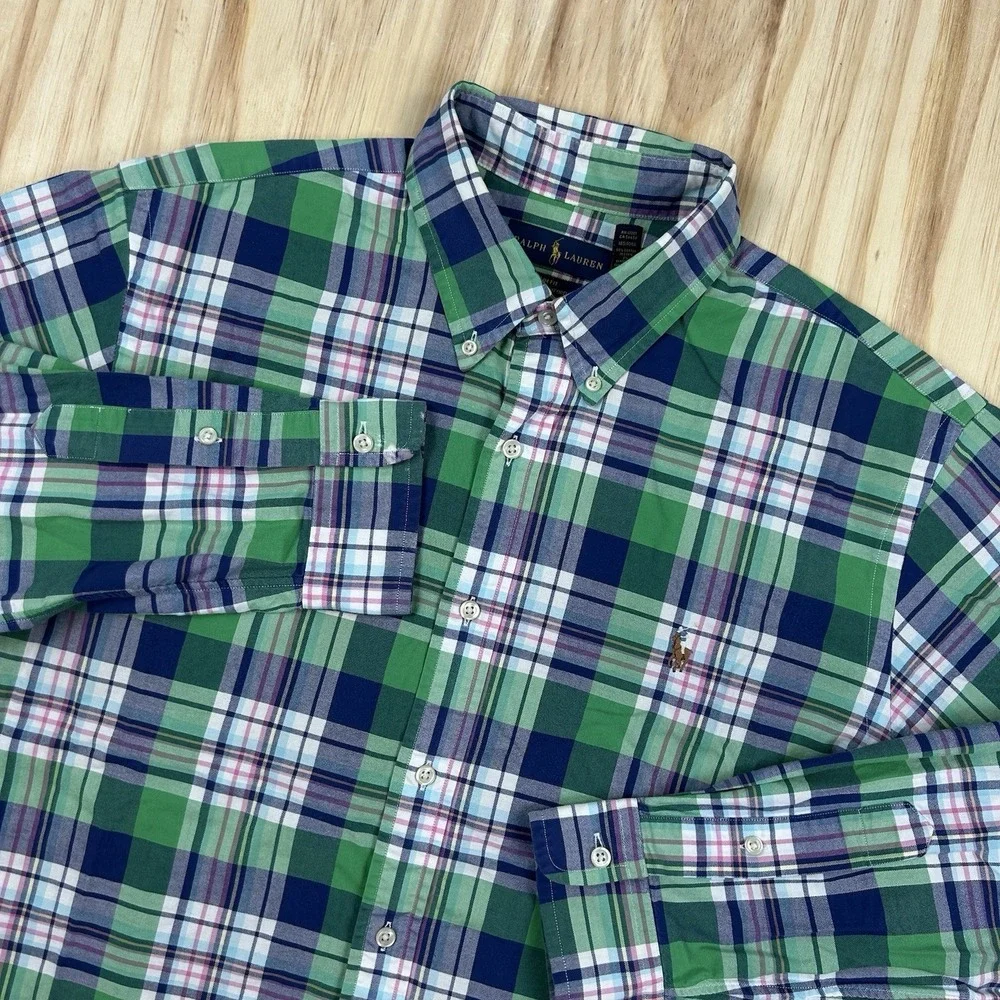 Polo Ralph Lauren XL Stretch Oxford Plaid Slim Fit Pony Colorful Blue Green Prep